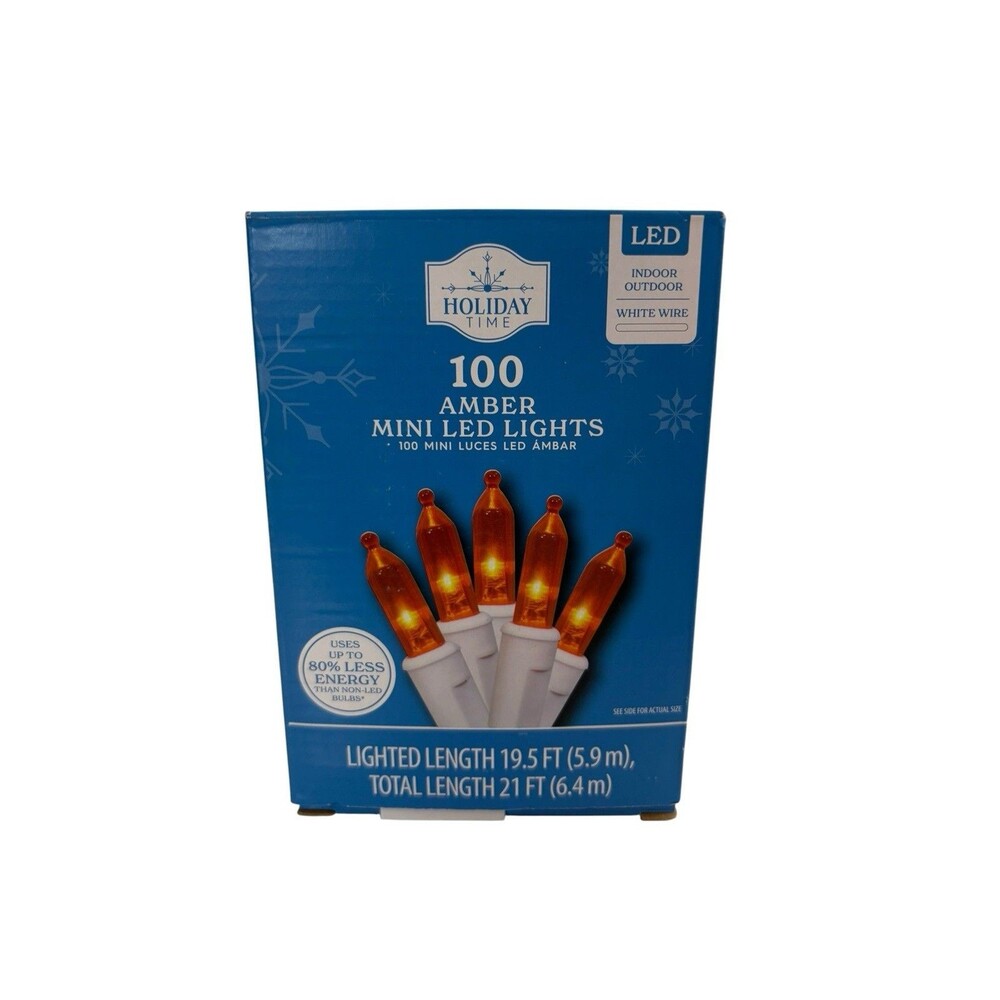 Holiday Time 100 Count Amber LED Mini Christmas Lights, with White Wire, 21 feet